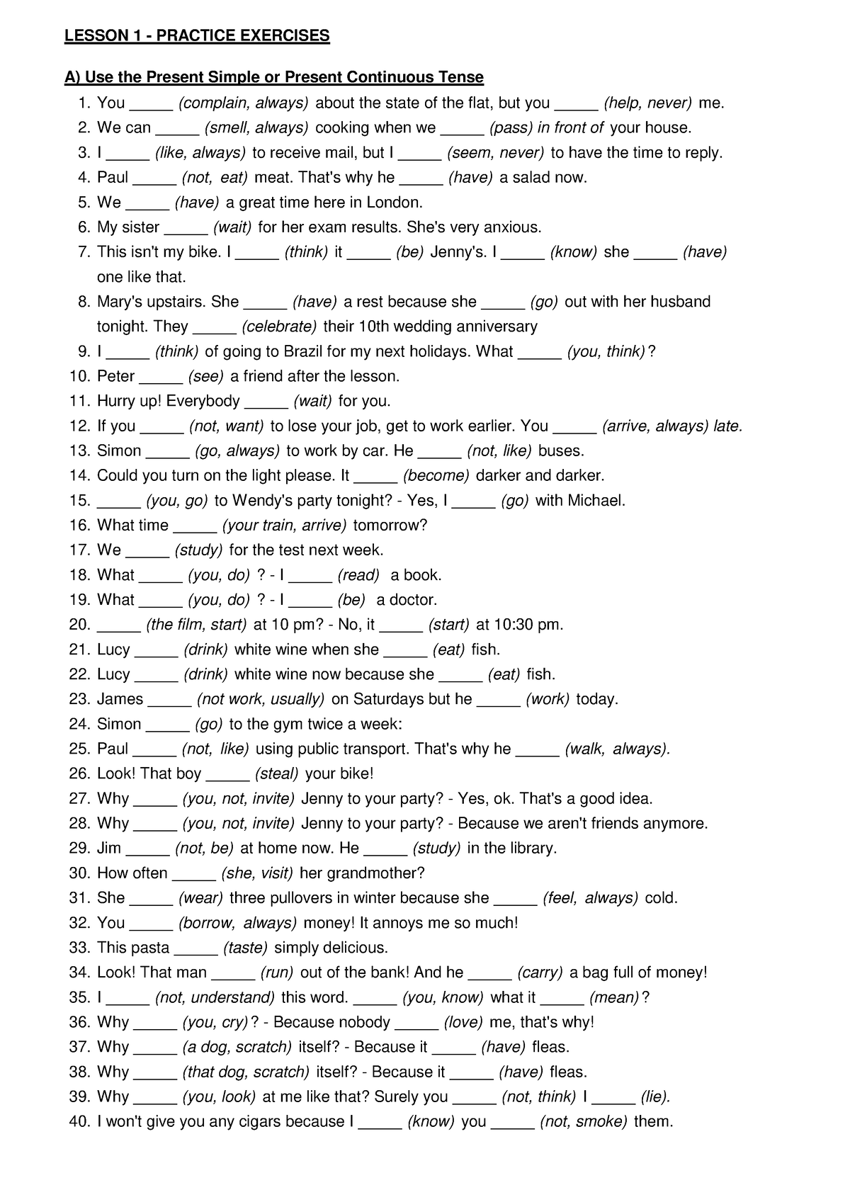 3. Exercises Lesson 1 - Revision - Present Simple vs Cont. - Past ...