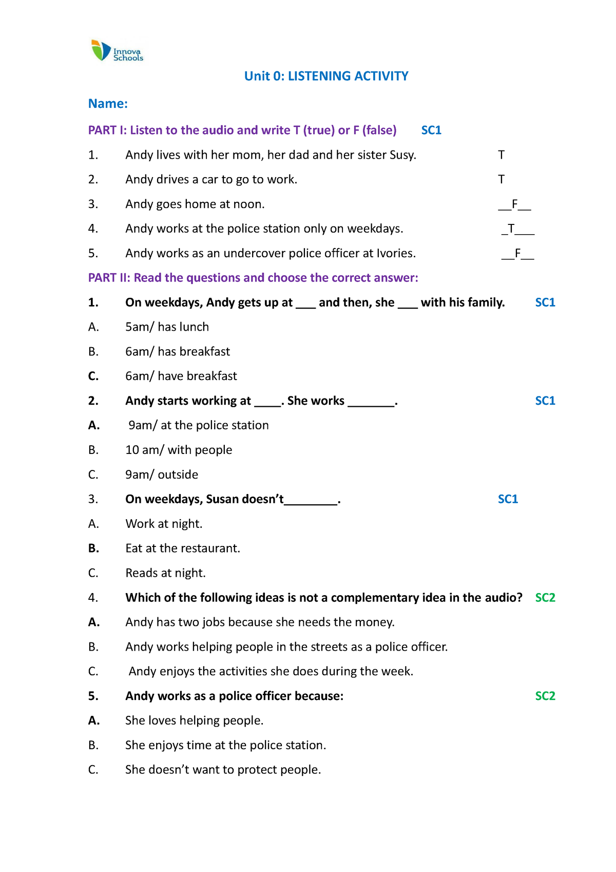 B1 Activity 11- Listening Activity - Unit 0: LISTENING ACTIVITY Name ...