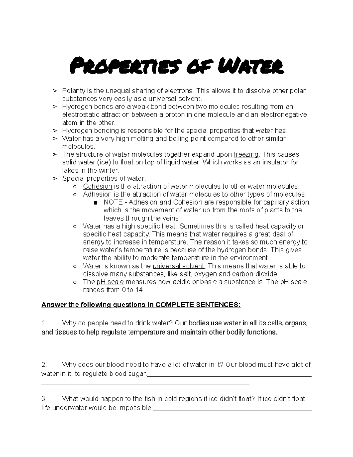 assignment of properties of water