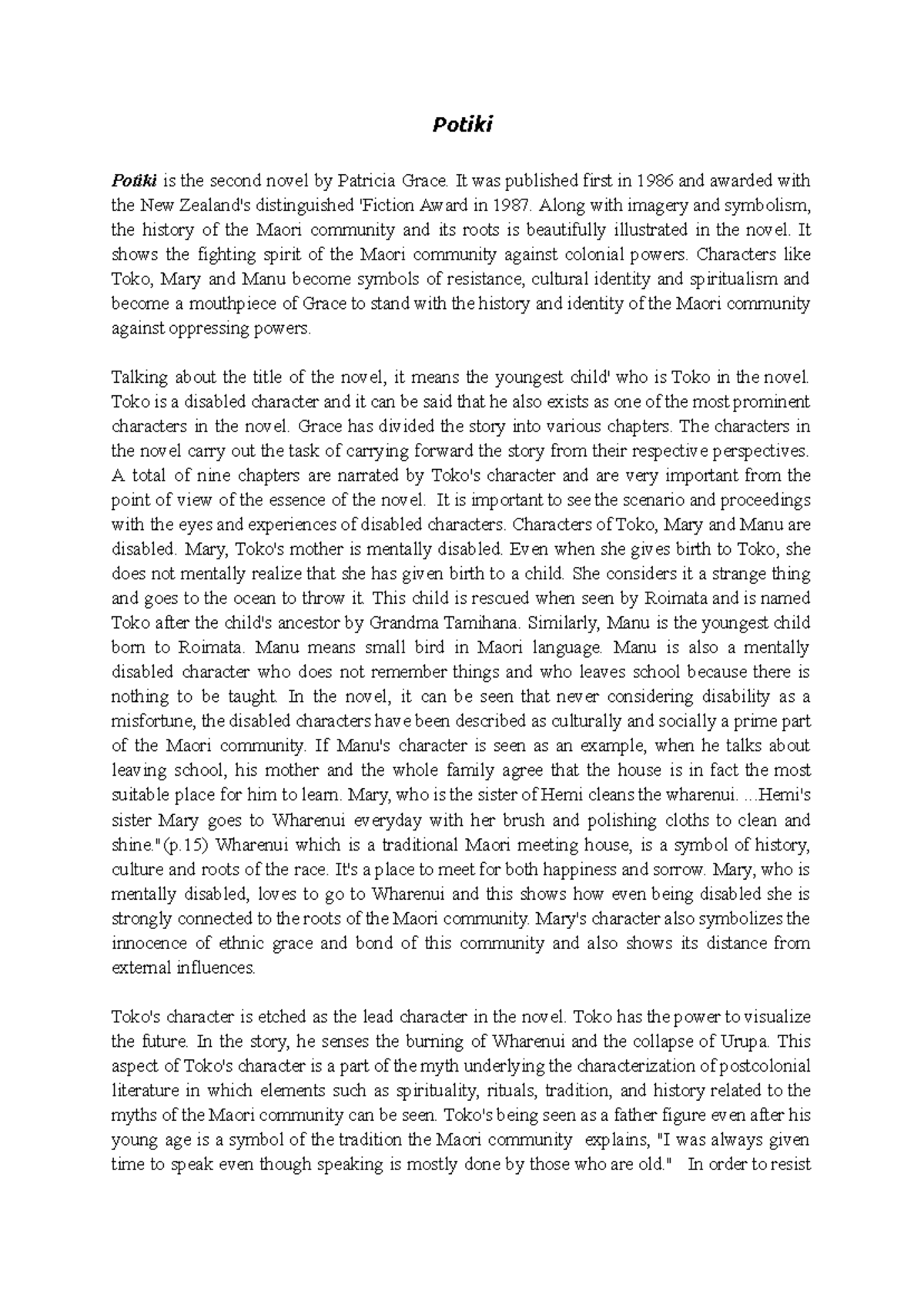 Potiki - blaj - Potiki Potiki is the second novel by Patricia Grace. It ...