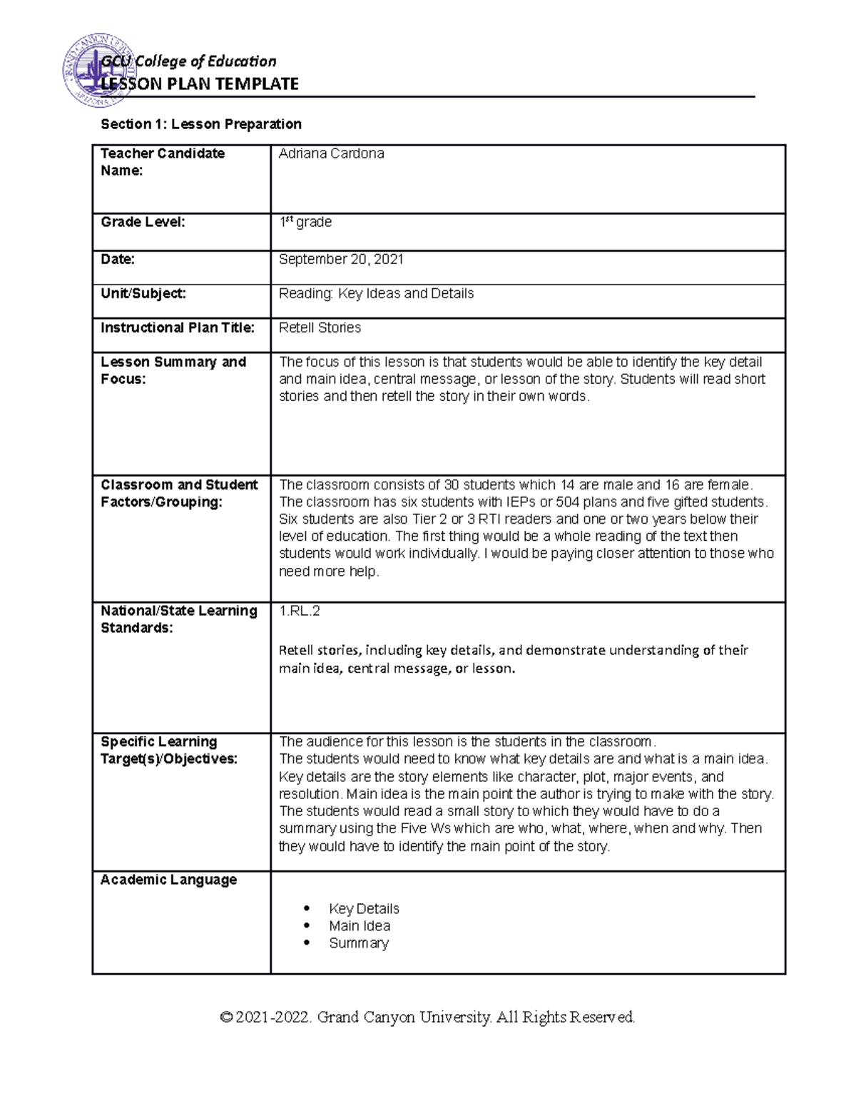 Benchmark ELM-210 - N/A - LESSON PLAN TEMPLATE Section 1: Lesson ...