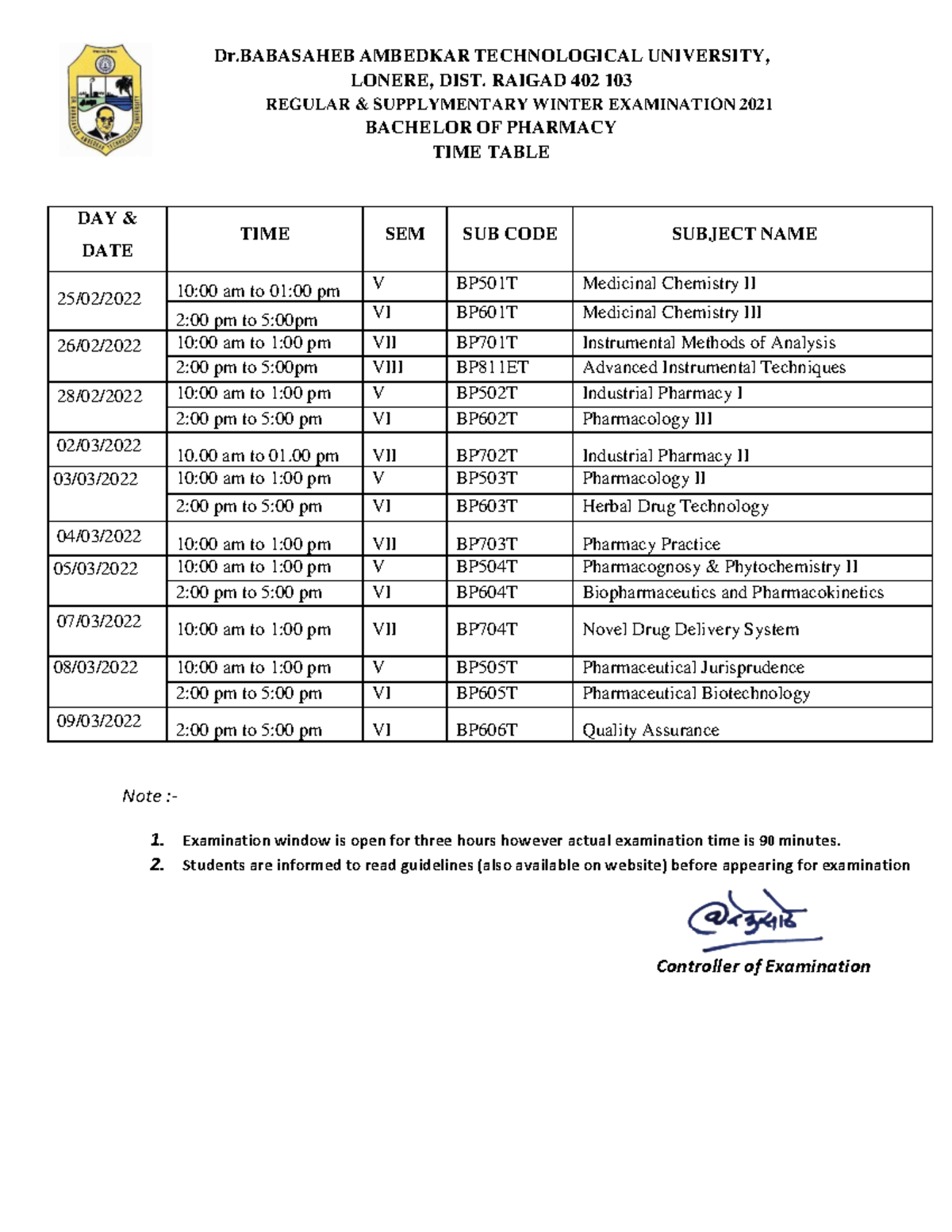 B-Pharmacy-Winter-exam-time-table-21-22-final exam online mcq basesd ...