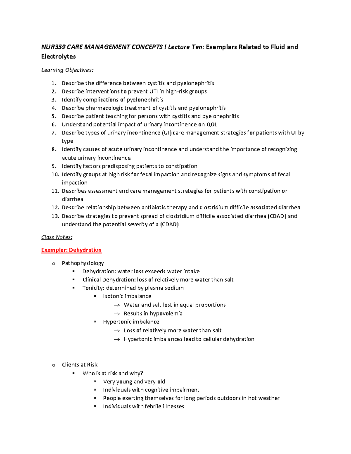 NUR 339 Lecture 10 (Exemplars - Fluid and Electrolytes) - NUR339 CARE ...