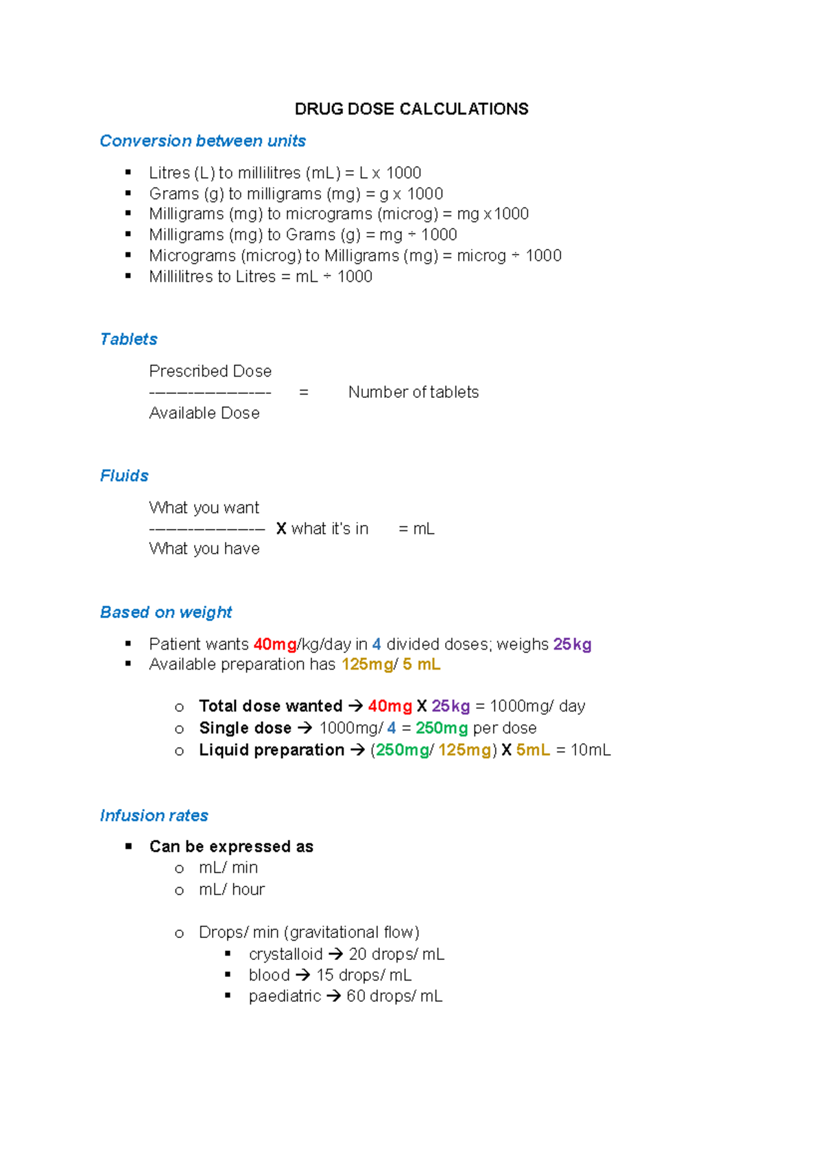Drug Dose Calculations - DRUG DOSE CALCULATIONS Conversion between ...