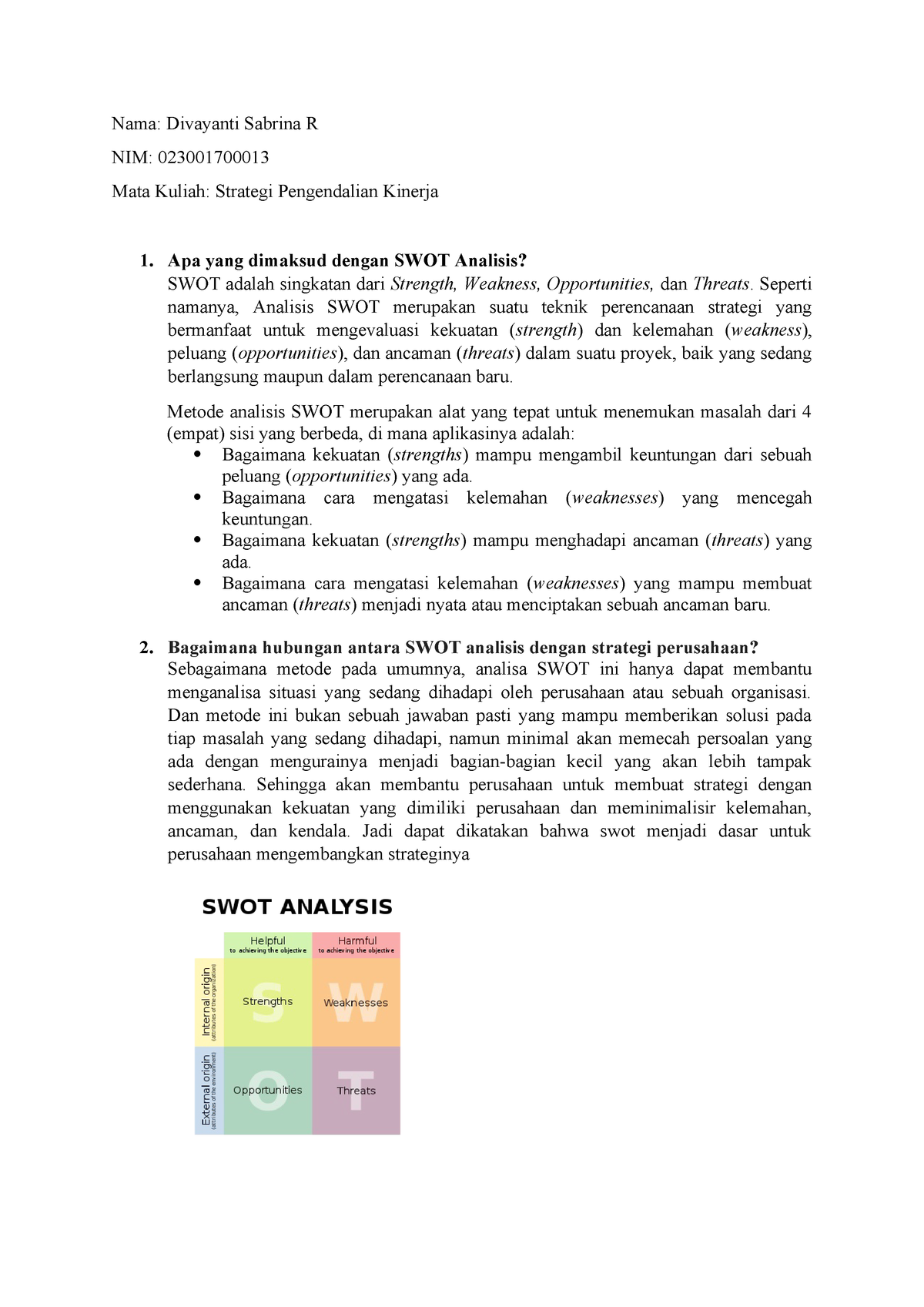 Analisa Swot Sistem Pengendalian Kinerja Studocu