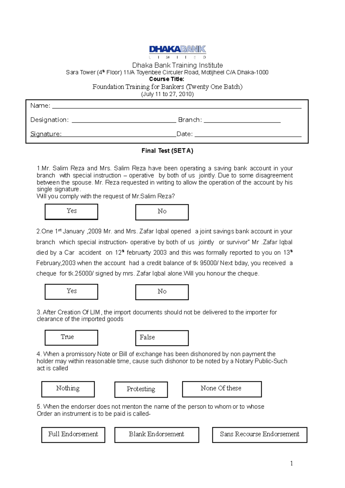 Exam 2 Business Finance Dhaka Bank Training Institute Sara Tower (4th Floor) 11/A Toyenbee