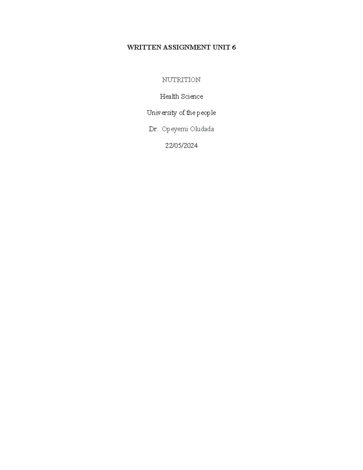 Written Assignment UNIT 6 Nutrition - WRITTEN ASSIGNMENT UNIT 6 ...