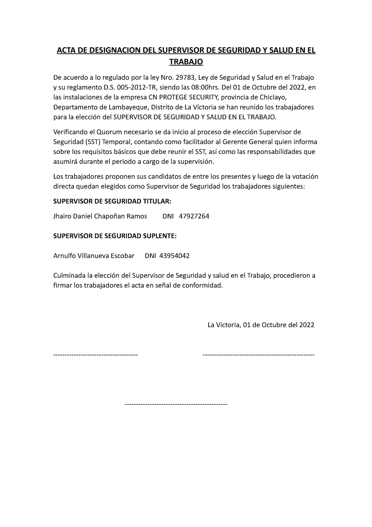 Acta De Designacion De Supervisor Dse Sst Acta De Designacion Del