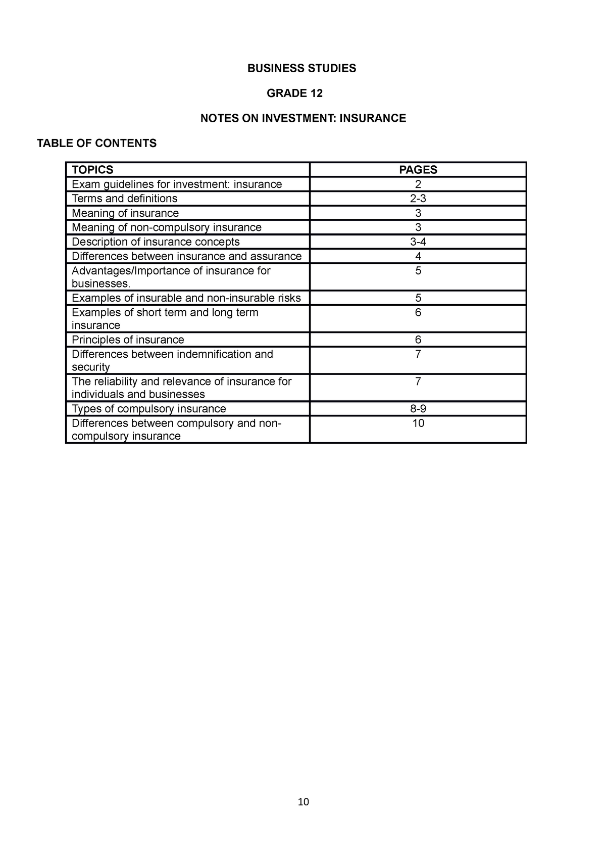 insurance essay grade 12 business studies