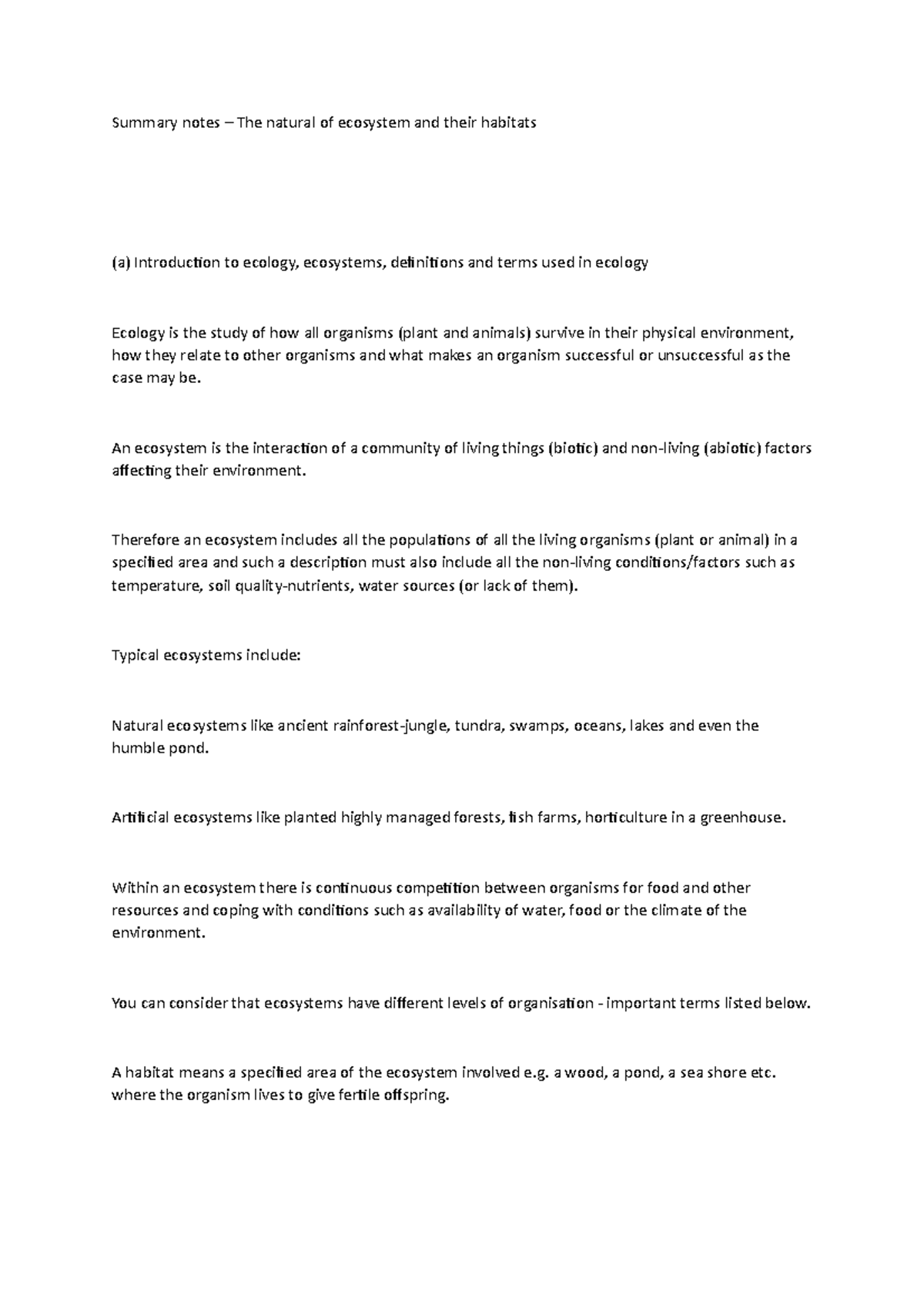 Summary notes – The natural of ecosystem and their habitats - An ...