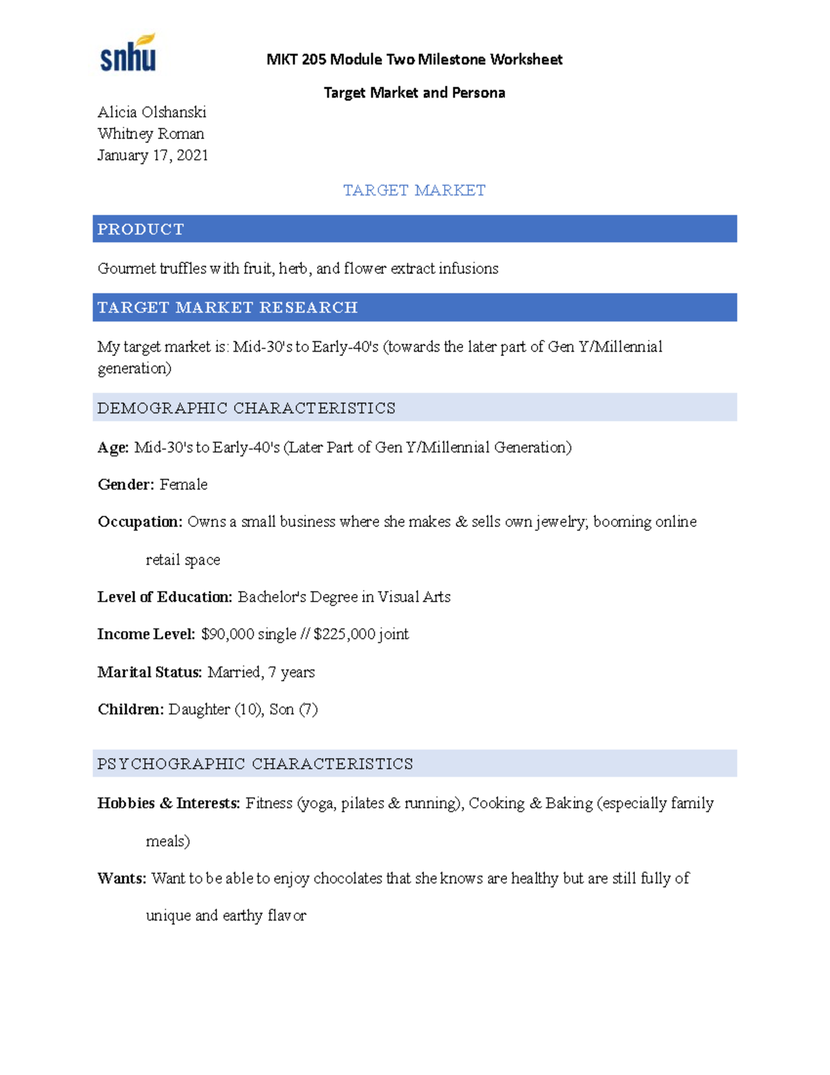 MKT 205 2-2 Milestone Persona (Target Market) - MKT 205 Module Two ...