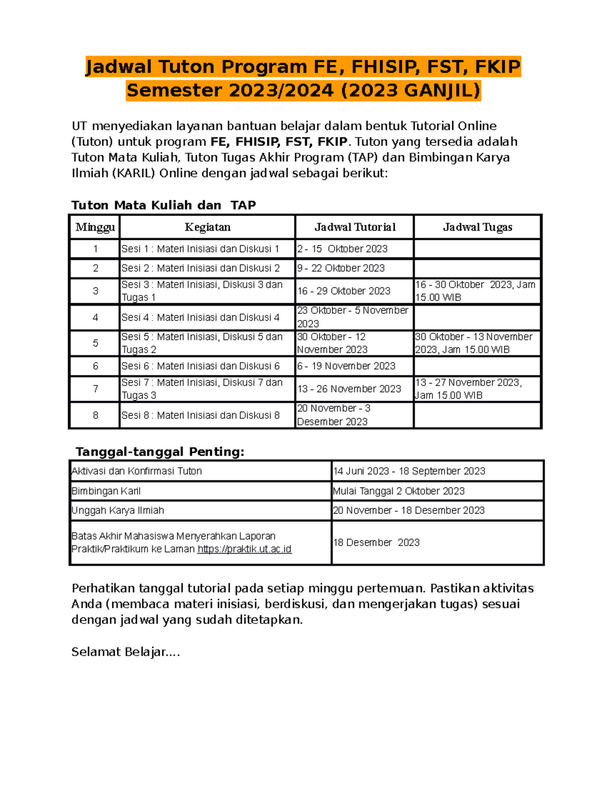 Jadwal Tuton Program FE, Fhisip, Fmipa, FKIP 23 - Jadwal Tuton Program ...