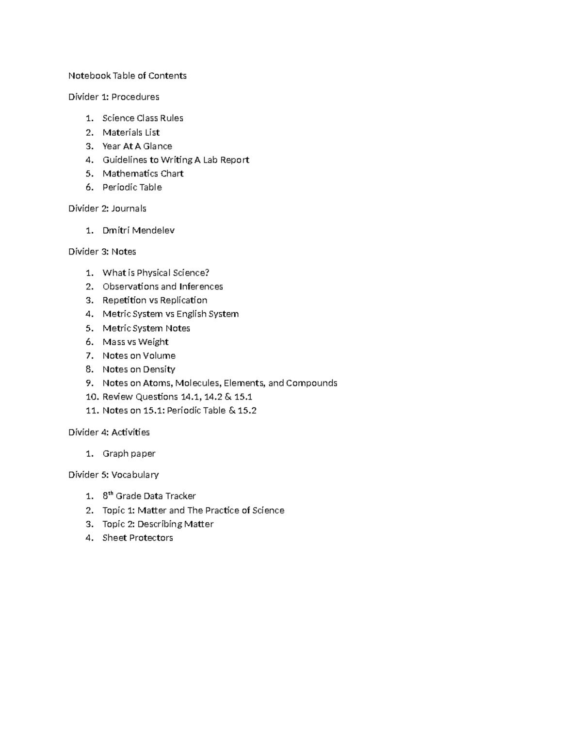 Notebook Table of Contents Notebook Table of Contents Divider 1