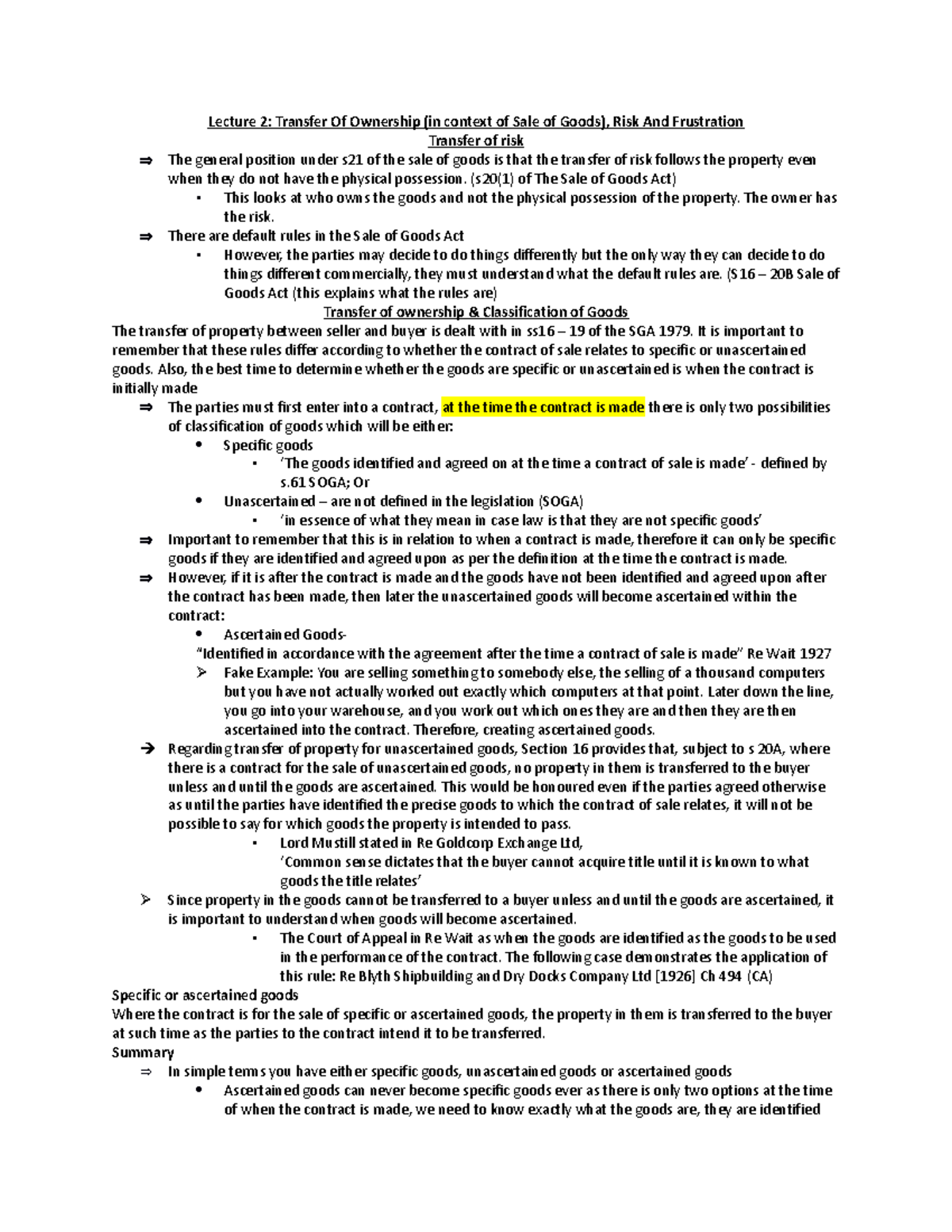 Lecture 2- Transfer Of Ownership, Risk And Frustration - LW4003 ...