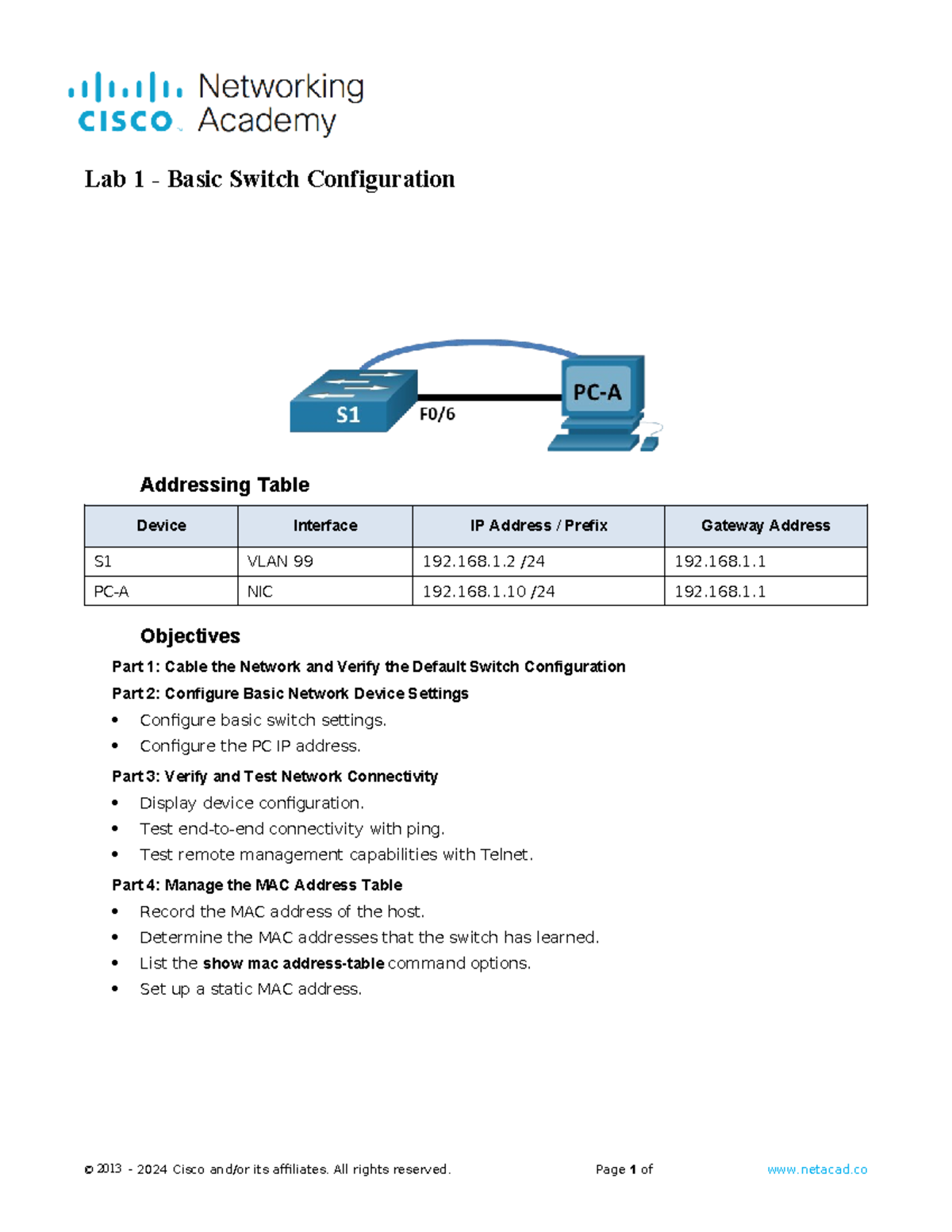Lab+1+-+Basic+Switch+Configuration+v2 - 2013 - 2024 Cisco and/or its ...