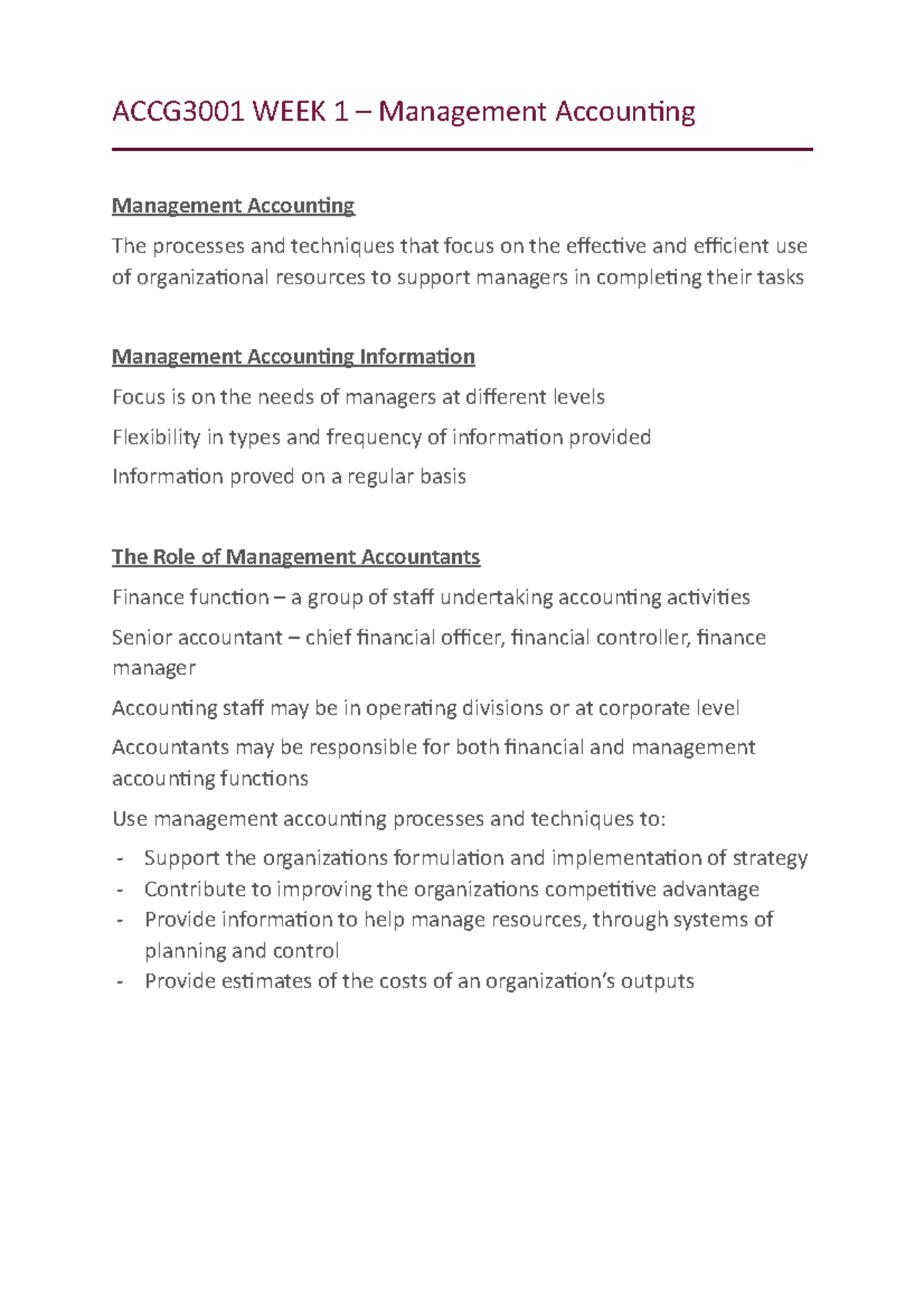 ACCG3001 WEEK 1 Lecture Notes - ACCG3001 WEEK 1 – Management Accounting ...