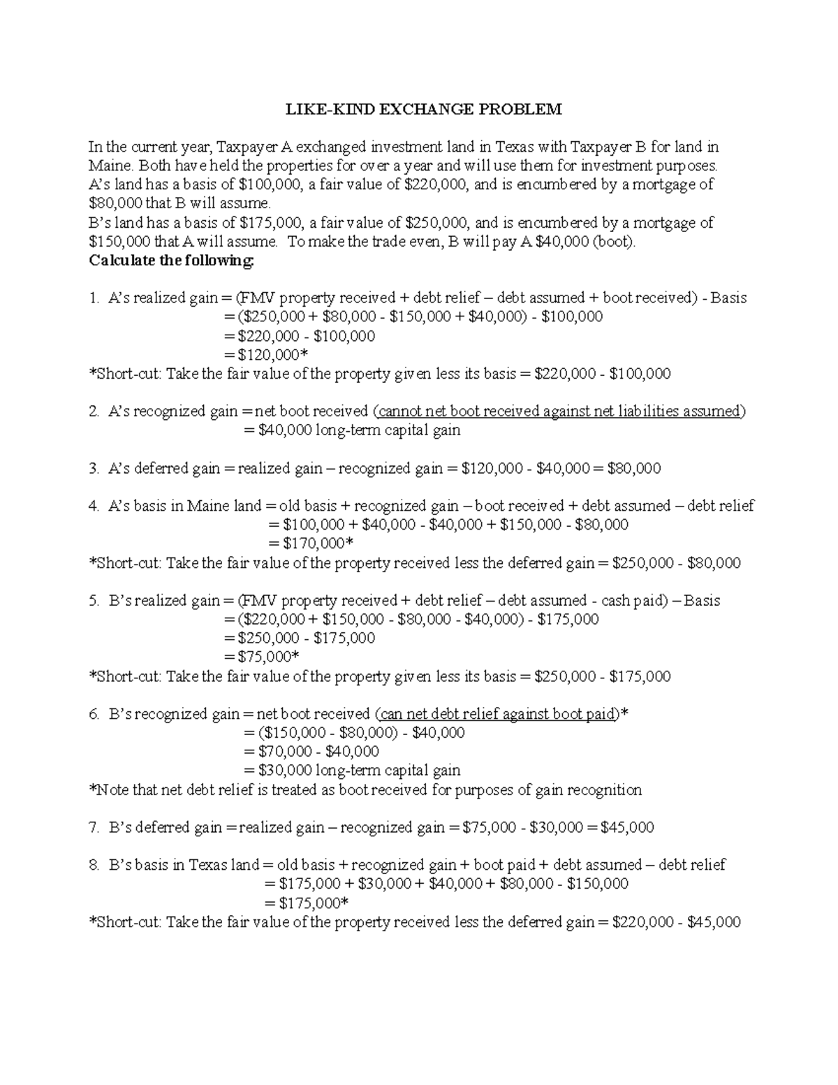 Ch 15 Like-Kind Exchange Problem - LIKE-KIND EXCHANGE PROBLEM In the ...