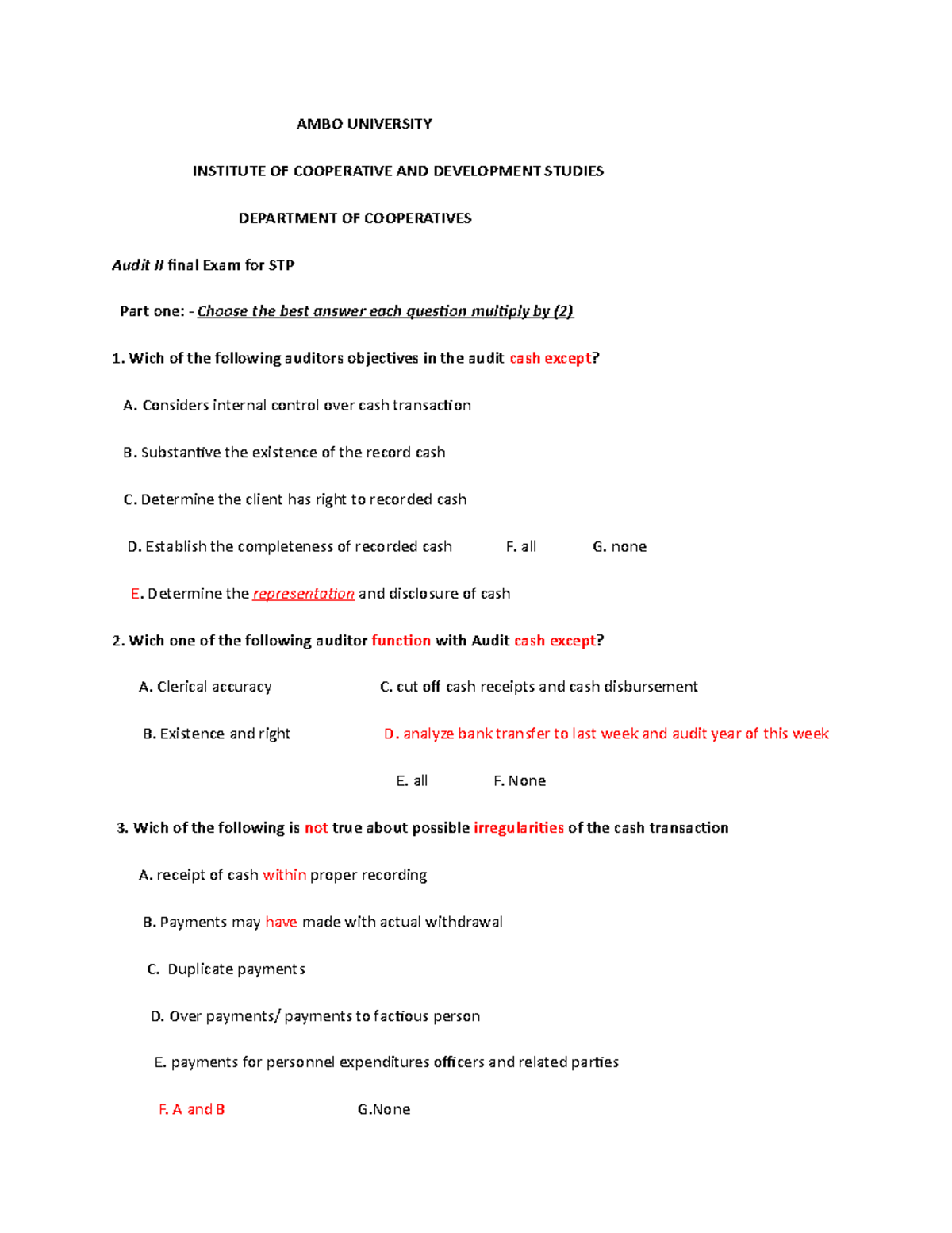 Aud Exam - Review practice - AMBO UNIVERSITY INSTITUTE OF COOPERATIVE ...