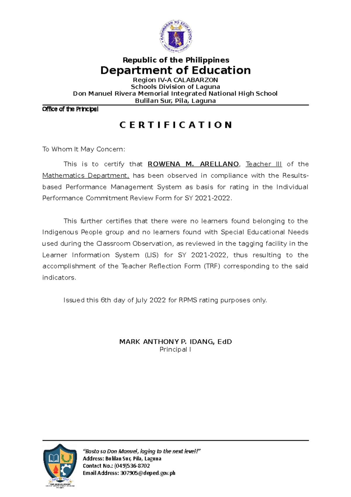 Certification TRF - NONE - Republic of the Philippines Department of ...