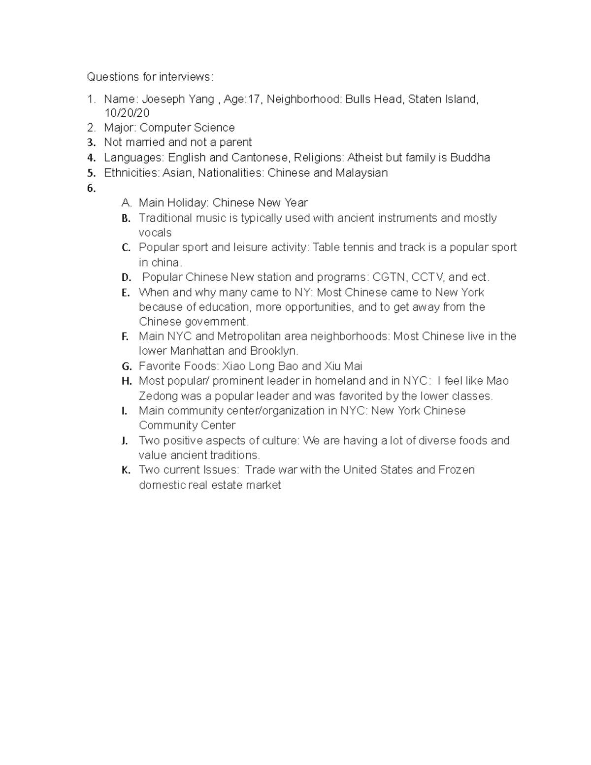 ANthro Joe - INterview Outline - Questions for interviews: Name ...