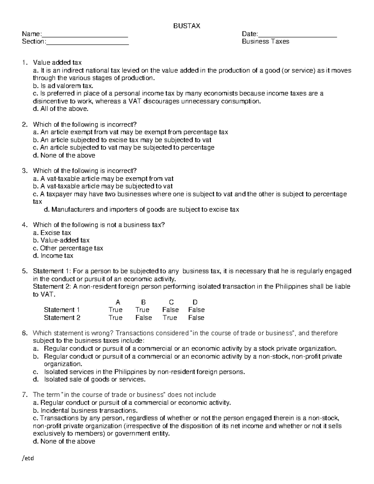 Handout business taxes - BUSTAX Name:_______________________ Date