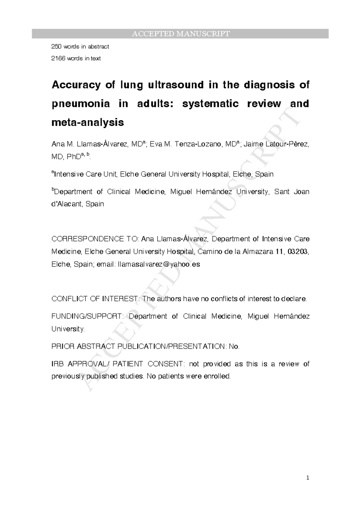 Accuracy of lung ultrasound in the diagnosis of pneumonia in adults ...