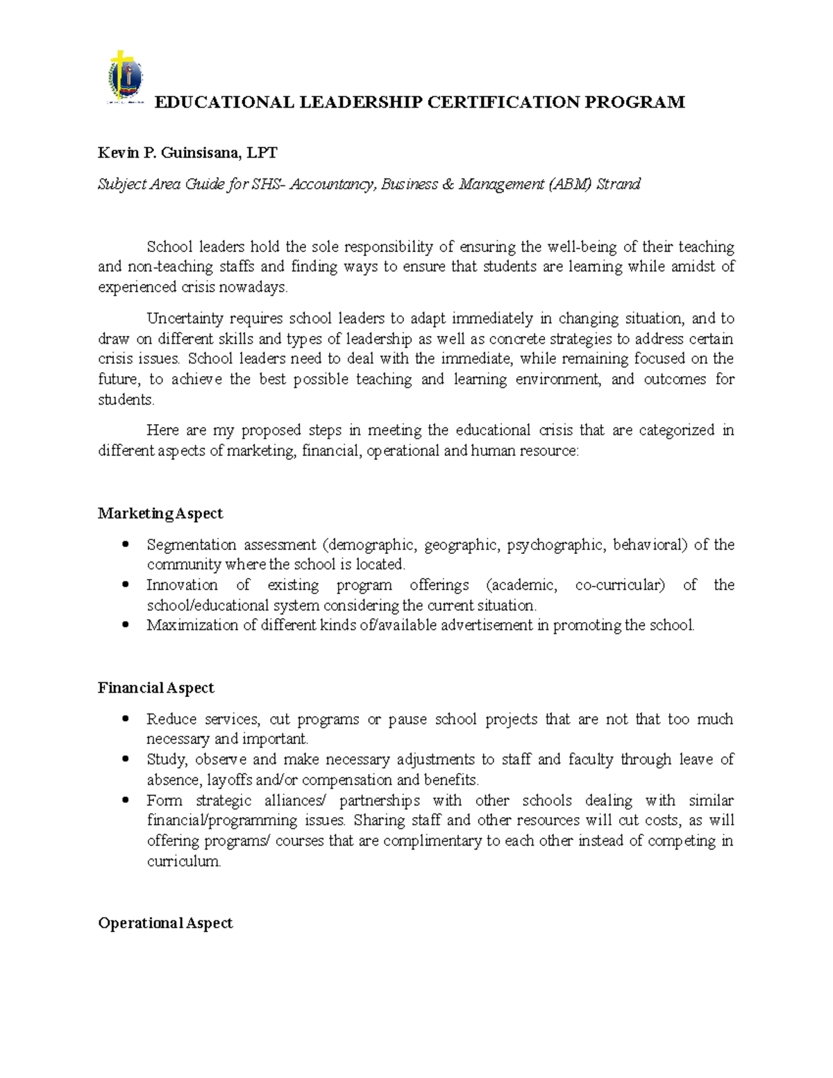 Assignment 1-ELDP-Kevin Guinsisana - EDUCATIONAL LEADERSHIP ...