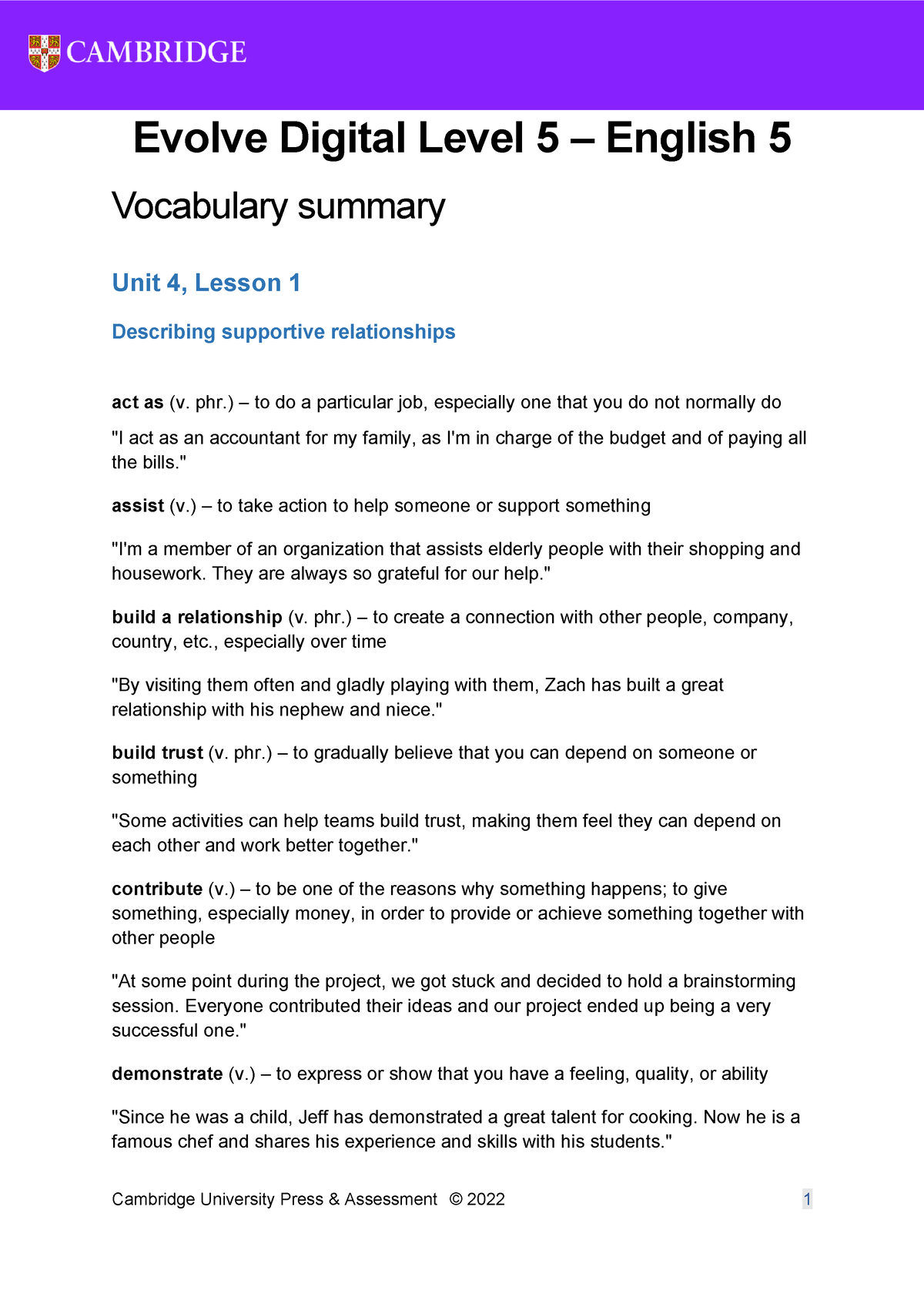 Unit 4 - E5 - Vocabulary - Ingles nivel 5 - Evolve Digital Level 5 ...