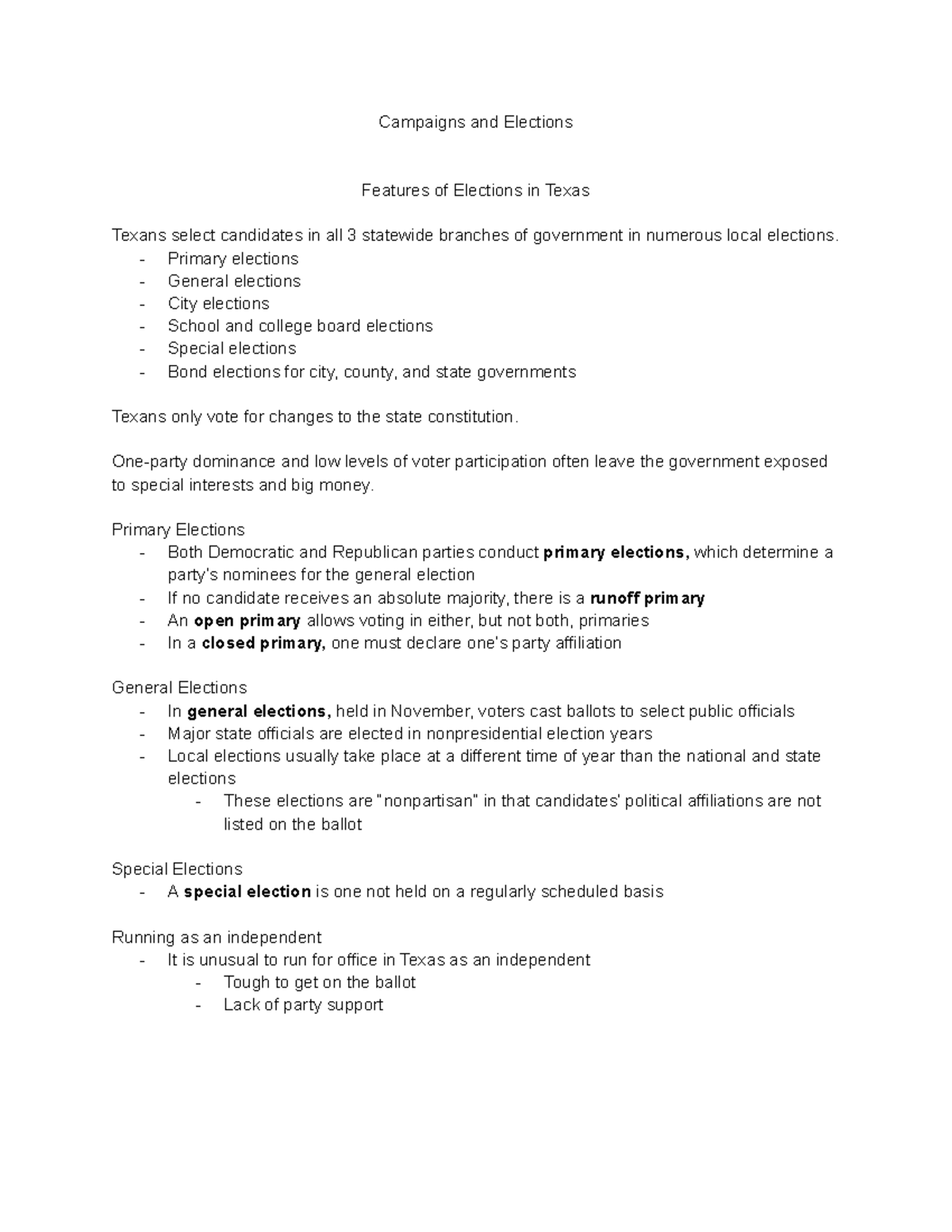 GOVT 2306 Chapter 5 Notes - Campaigns And Elections Features Of ...