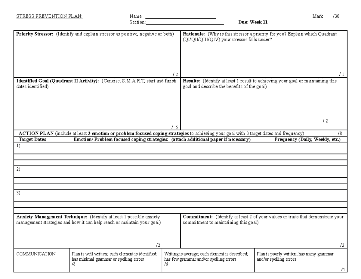 Assignment 2 - GNED 137 - Due Week 11 - STRESS PREVENTION PLAN: Name