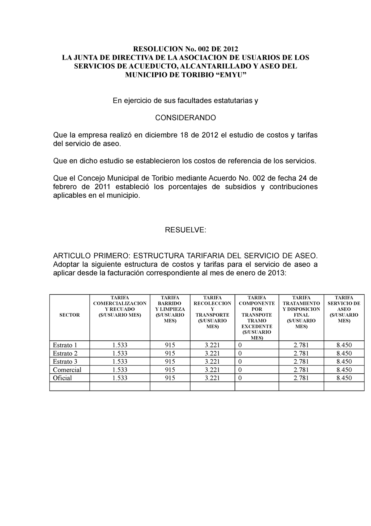 Modelo Acto Adopcion Tarifas Aseo - RESOLUCION No. 002 DE 2012 LA JUNTA ...