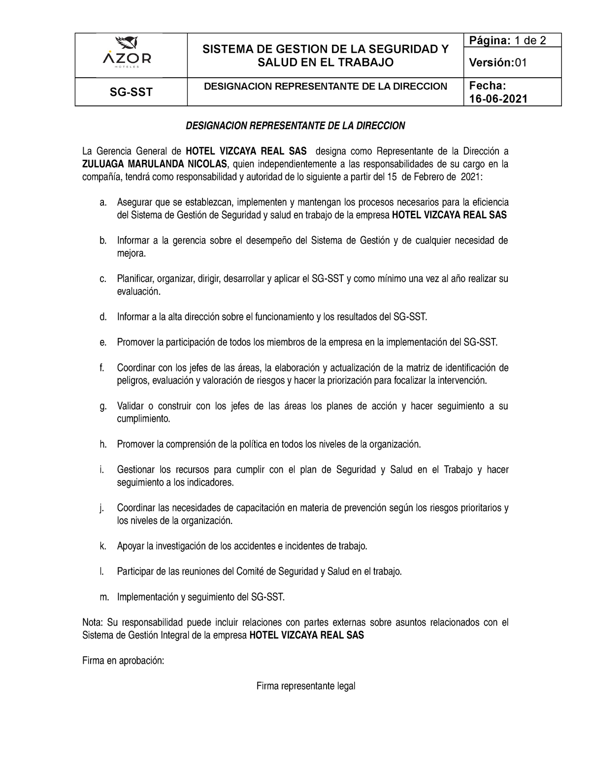 Acta De Asignacion De Responsabilidad Representante Por La Direccion