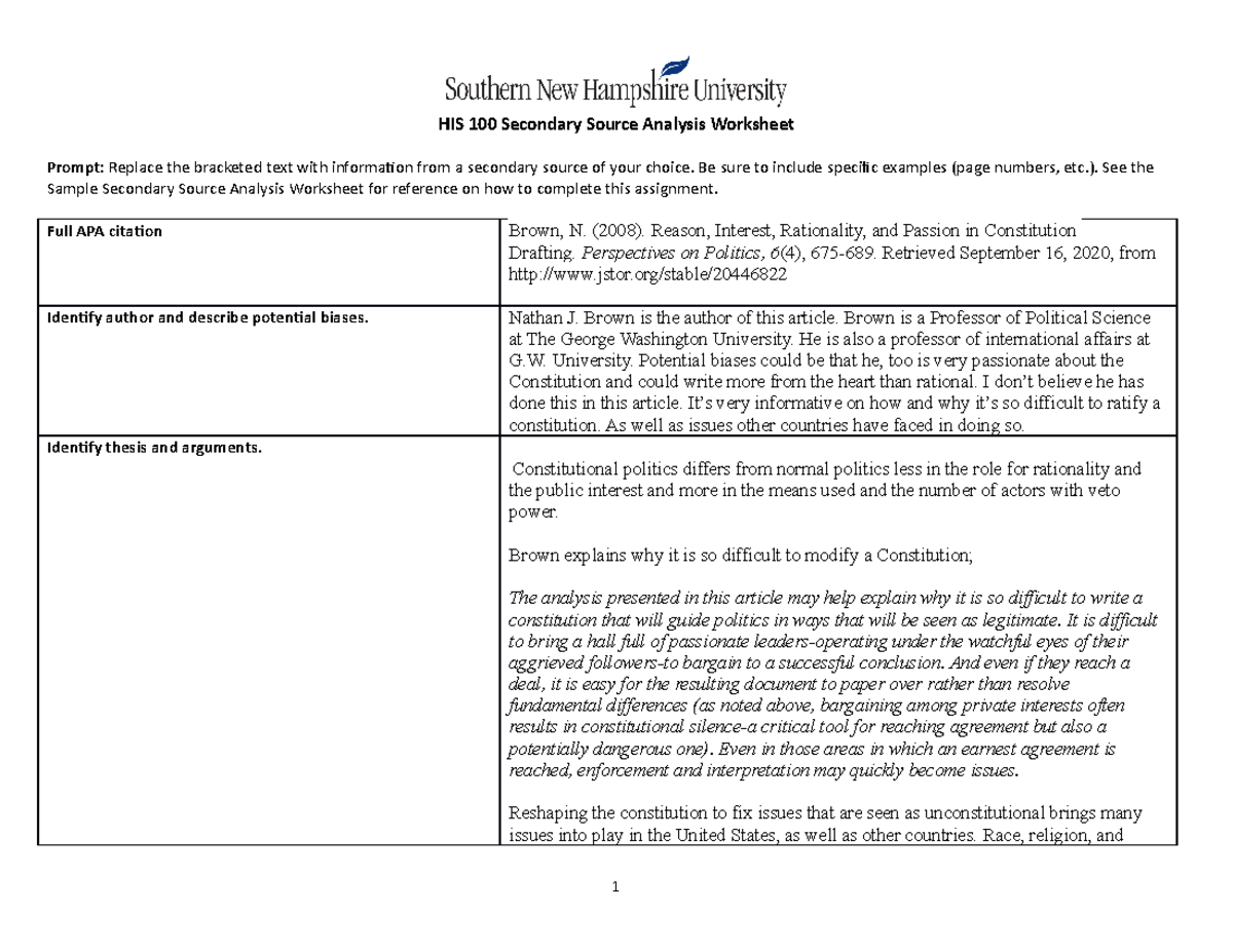 His 100 Secondary Source Analysis Worksheet Studocu