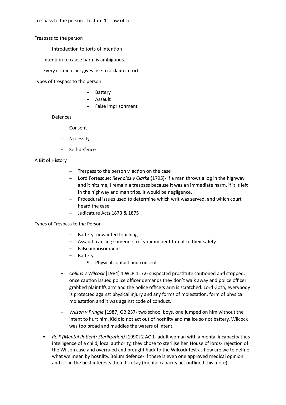 Lecture 11 Law of Tort Trespass to the person - Trespass to the person ...