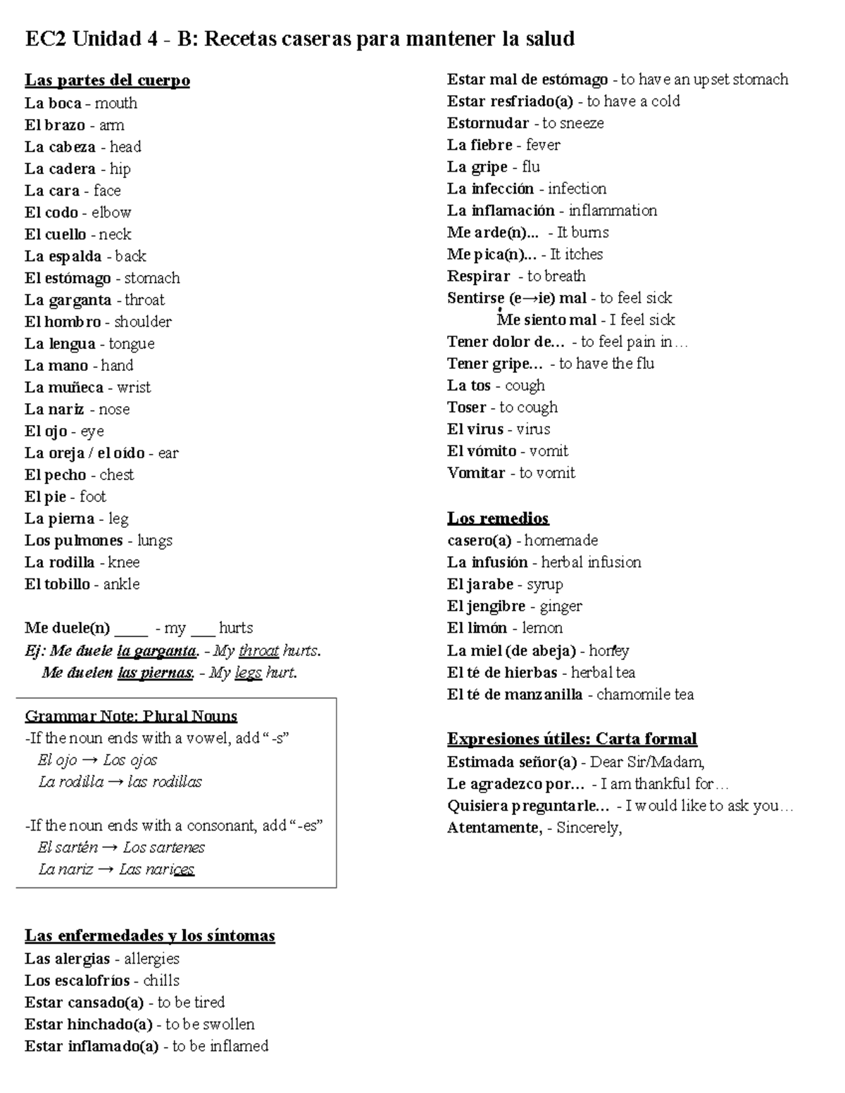 EC2 Unidad 4 - B Vocabulary List - EC2 Unidad 4 - B: Recetas Caseras ...