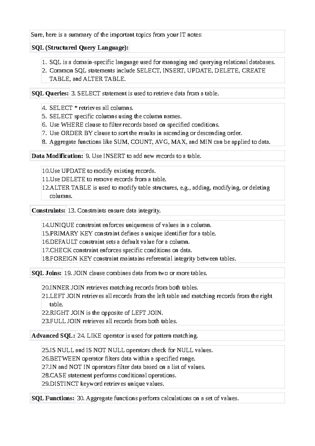 Mysqlnotes - Jsns - Sure, here is a summary of the important topics ...