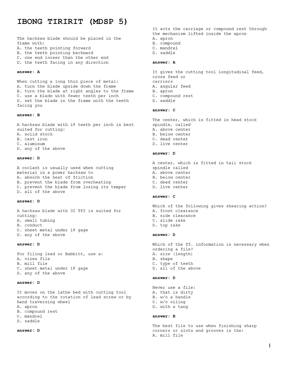 Ibong Tiririt (MDSP 5) - Practice - IBONG TIRIRIT (MDSP 5) The Hacksaw ...