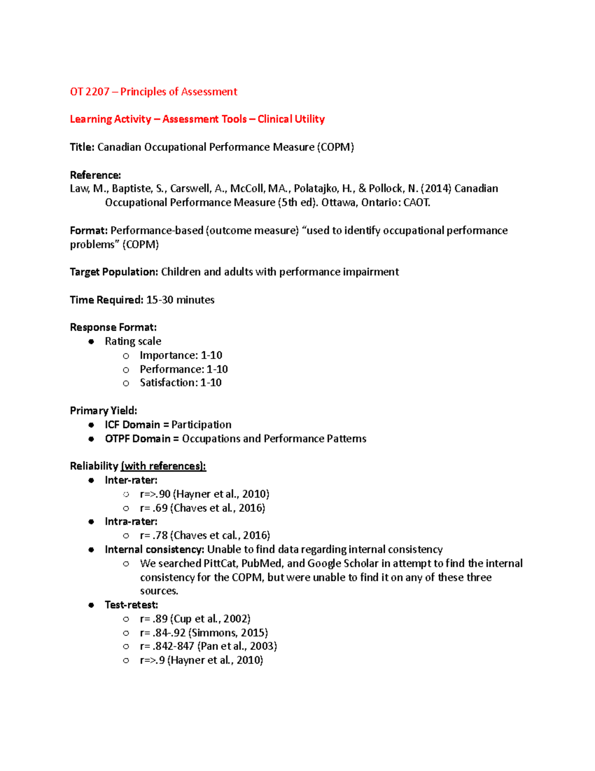 Clinical Utility Assignment - Group 3 - OT 2207 – Principles of ...