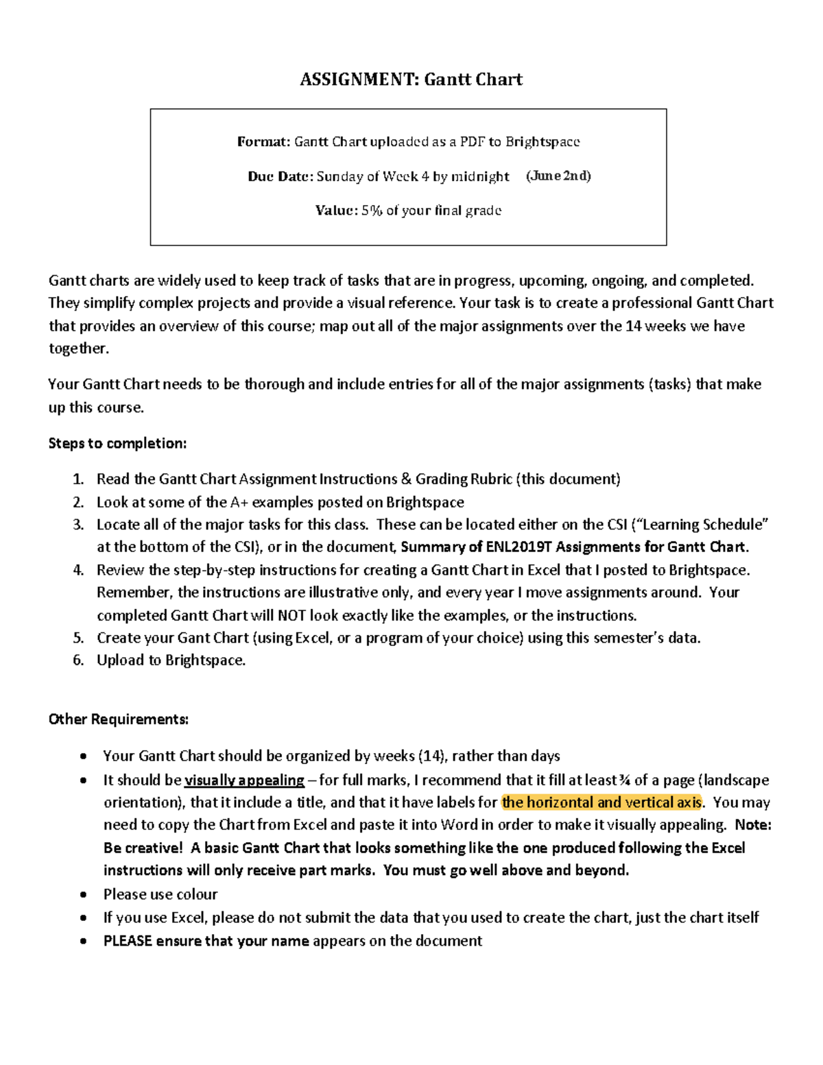 Gantt Chart Assignment Instructions - ASSIGNMENT: Gantt Chart Gantt ...