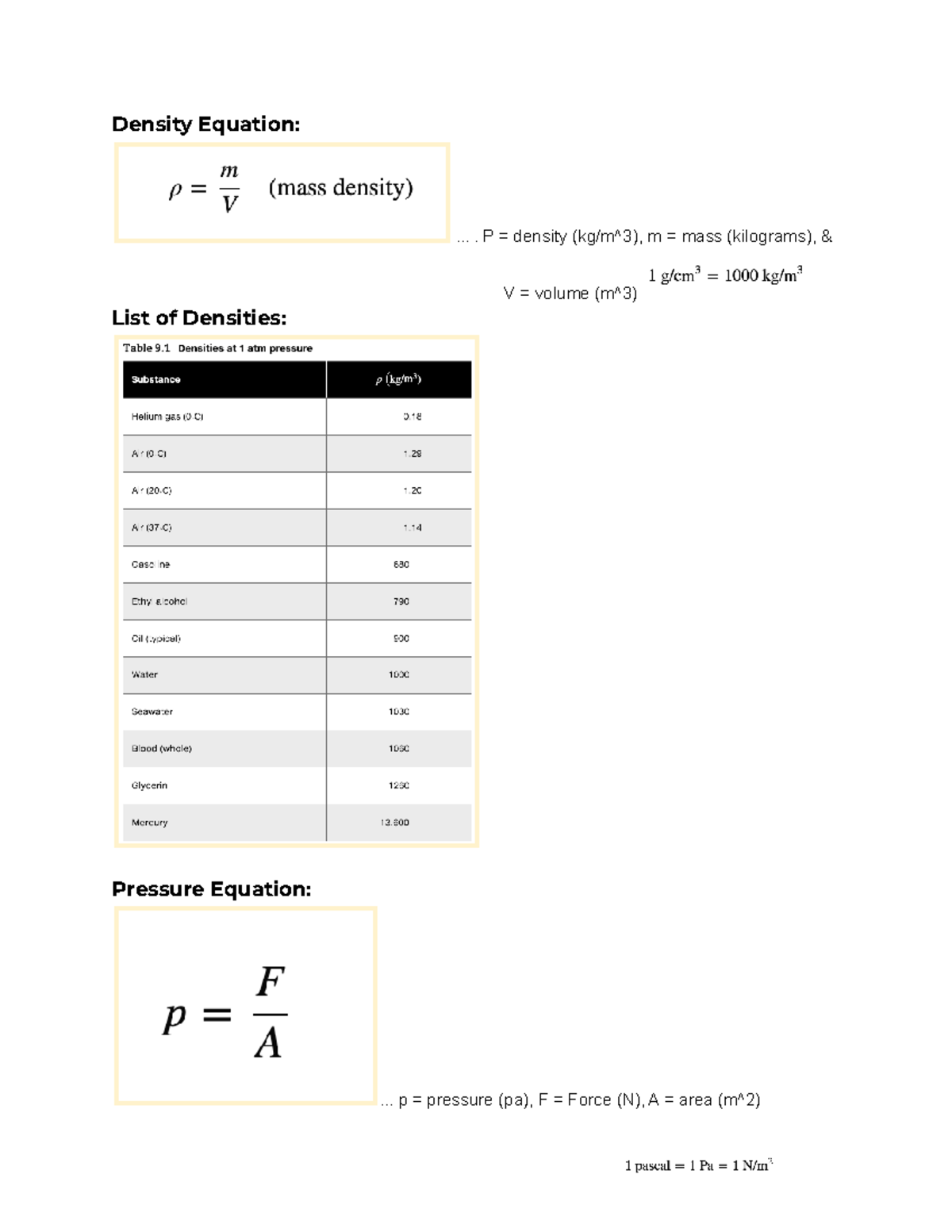Physics Midterm 2 Key Equations - Physics 5C - Density Equation: .... P ...