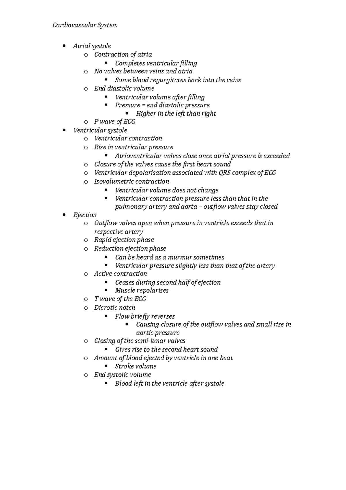 Cardiac Cycle Lecture Notes - Cardiovascular System Atrial systole o ...