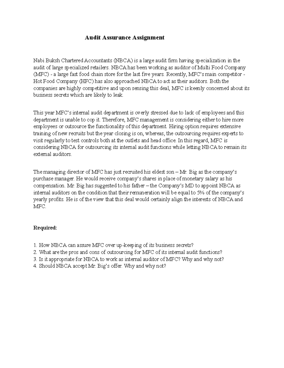 Audit Assurance Assignment - NBCA has been working as auditor of Multi ...