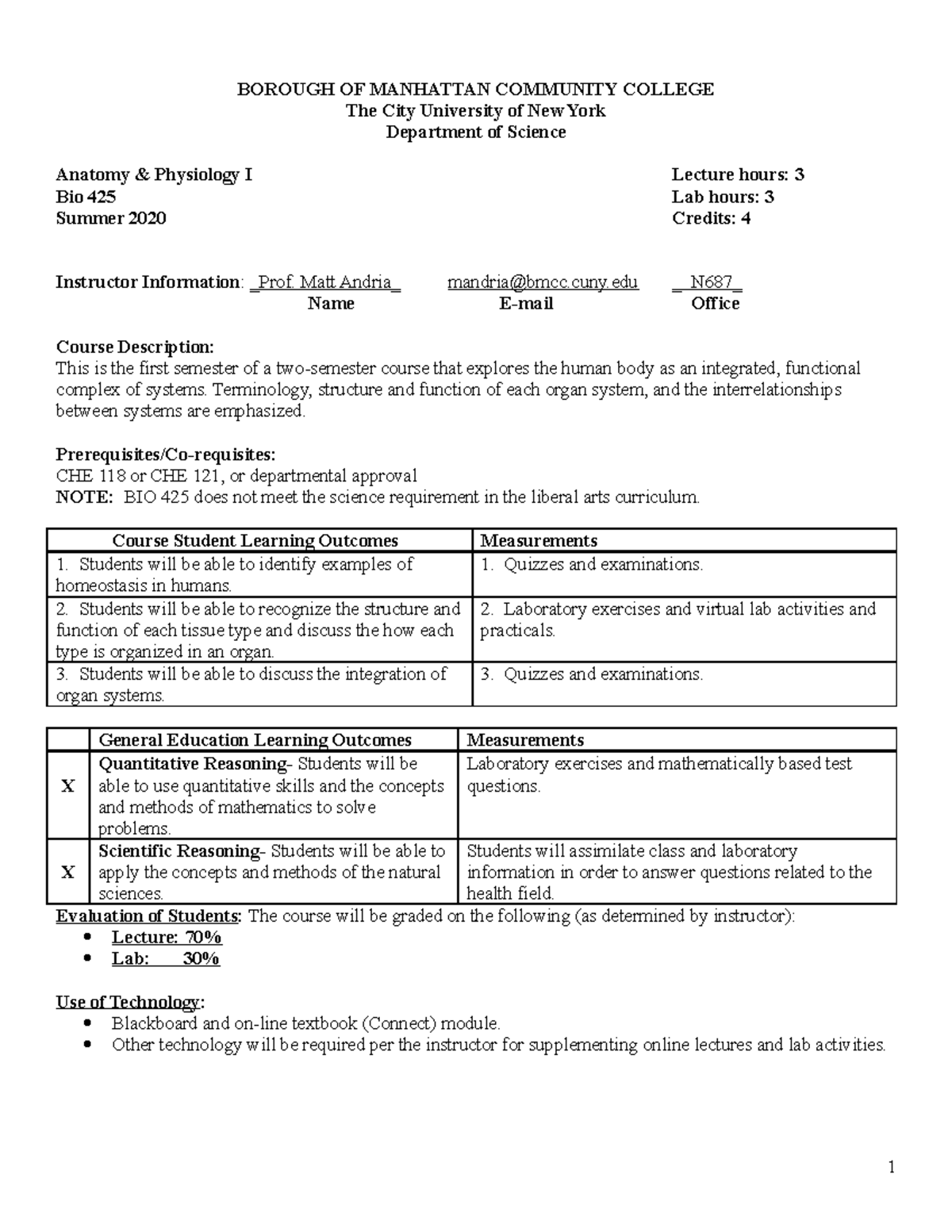 BIO 425 142 SyllabusSU2020 BOROUGH OF MANHATTAN COMMUNITY COLLEGE