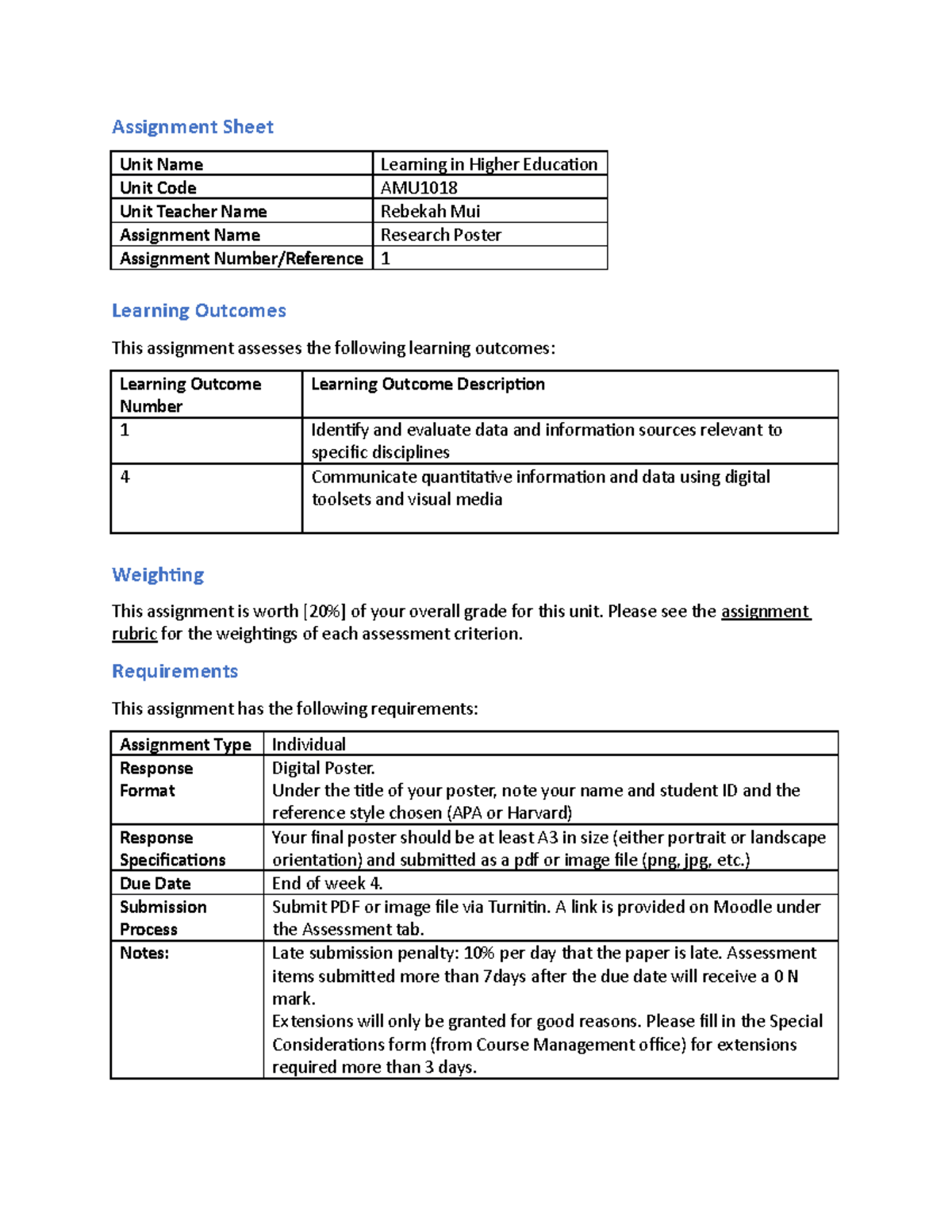 AMU1018 Assignment 1 Assignment information - Assignment Sheet Unit ...