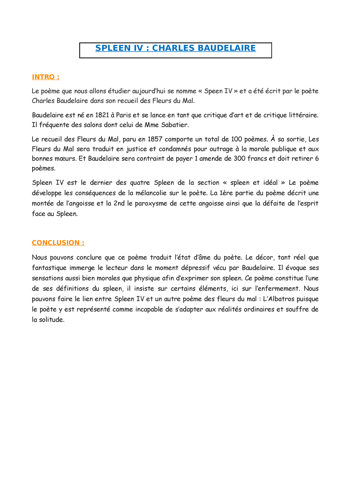 3- Spleen IV - BAC de français - SPLEEN IV : CHARLES BAUDELAIRE INTRO ...