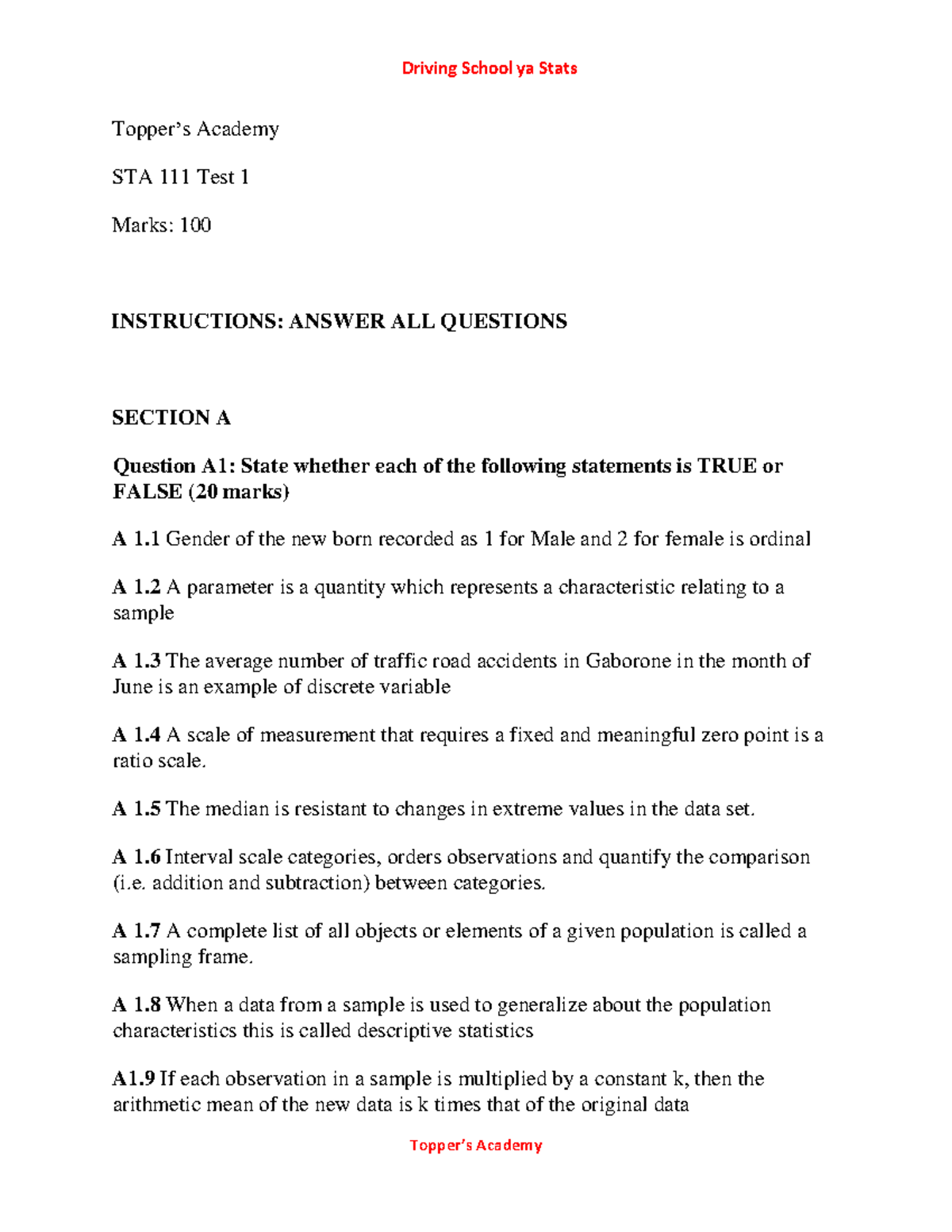 Toppers Academy STA 111 Test 1 2023 Topper’s Academy STA 111 Test 1