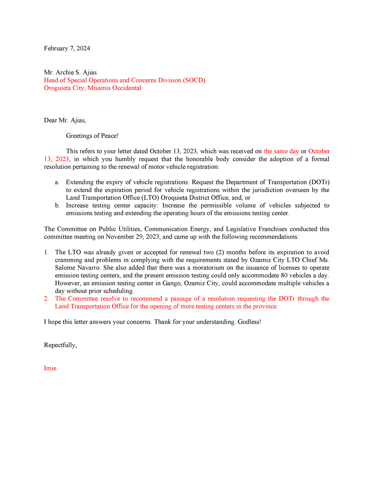 Draft letter to Archie Ajias - February 7, 2024 Mr. Archie S. Ajias ...