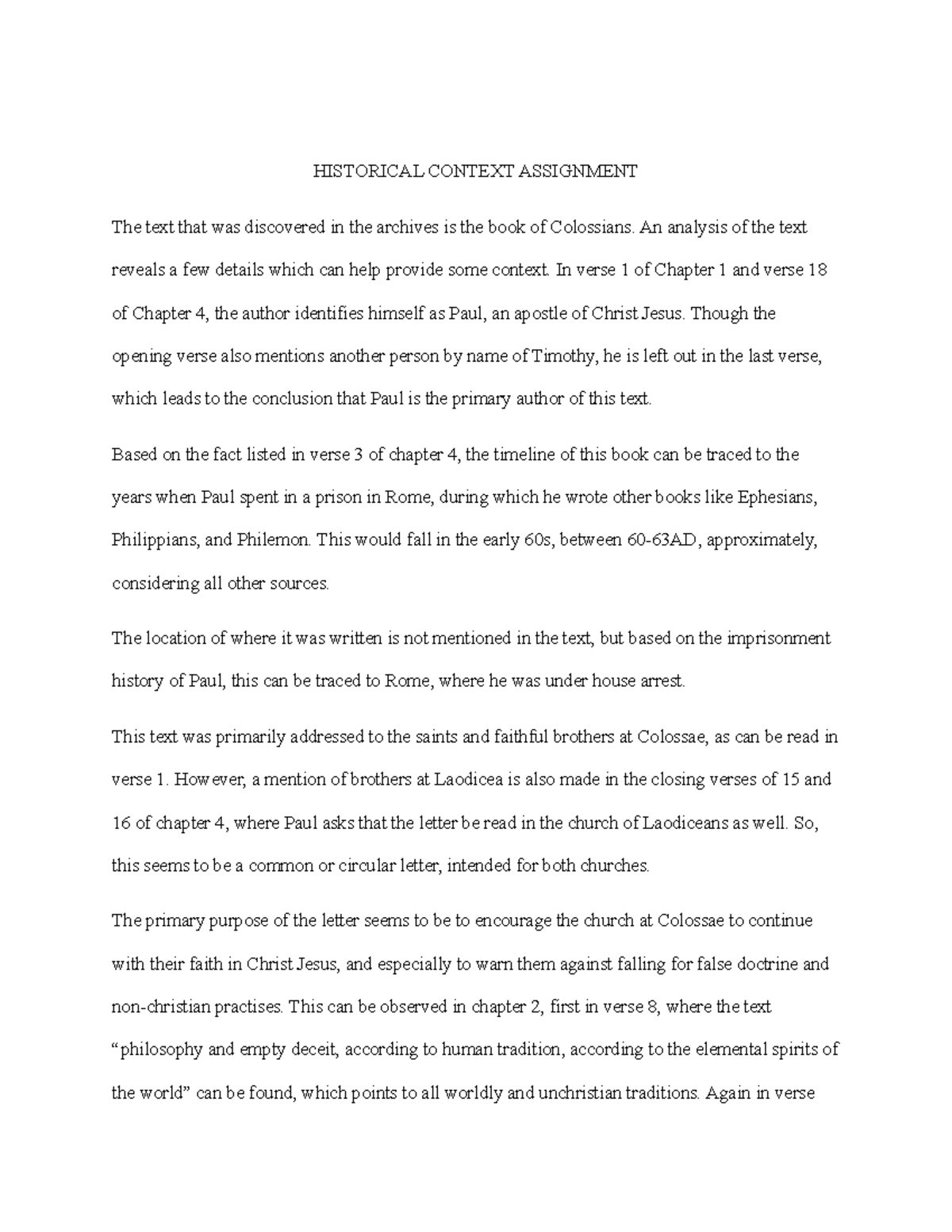 Historical Context Assignment - HISTORICAL CONTEXT ASSIGNMENT The text ...