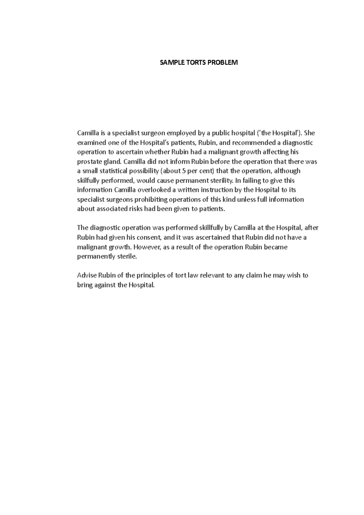 Sample/practice exam 14 July 2016, questions and answers - SAMPLE TORTS ...
