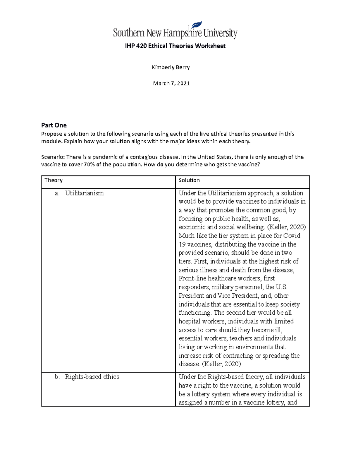 IHP 420 Ethical Theories Worksheet - IHP 420 Ethical Theories Worksheet  Kimberly Berry March 7, 2021 - Studocu